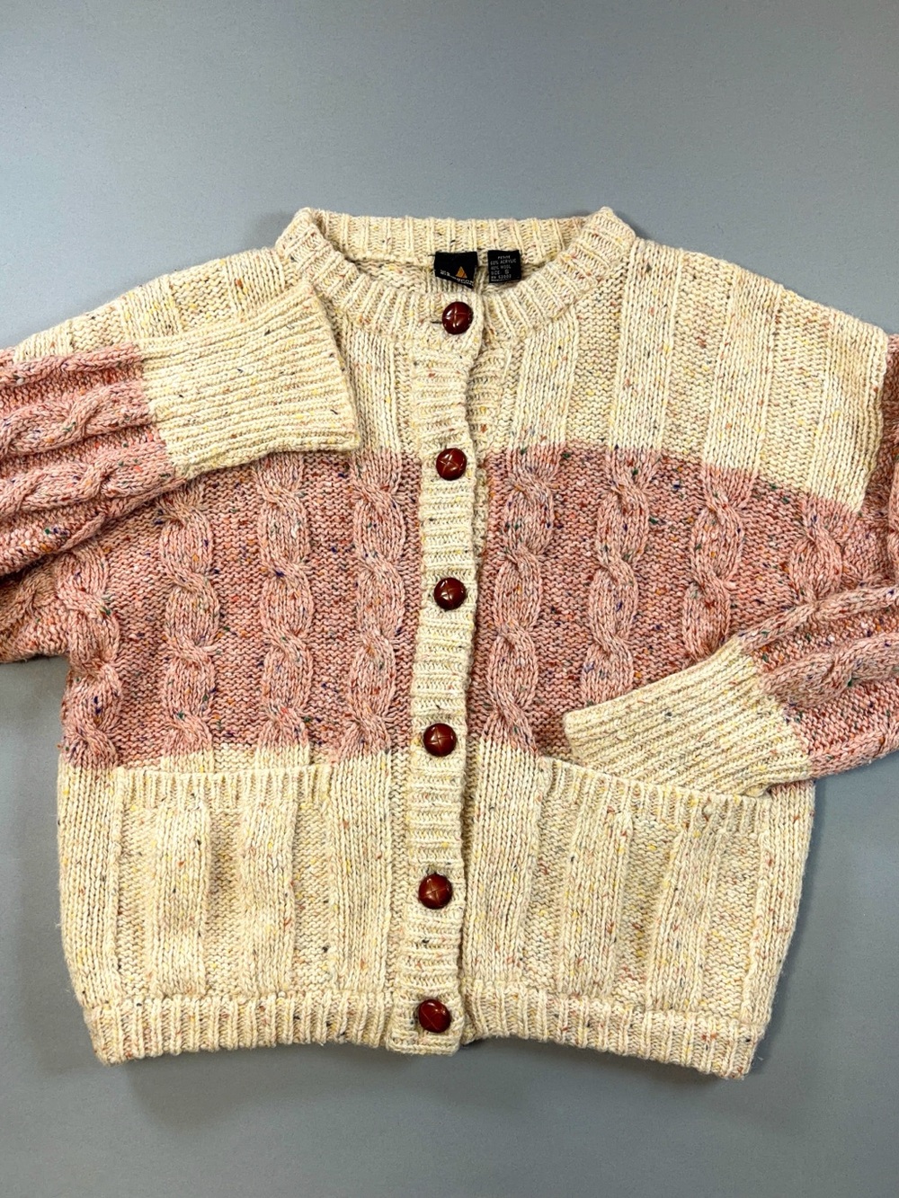 Vintage Liz Claiborne Petite Cable Knit Wool Blend Cardigan Pink Cream 80s 90s